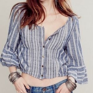 Free People Bell Sleeve Stripe Linen Blend Crop Top SzM
